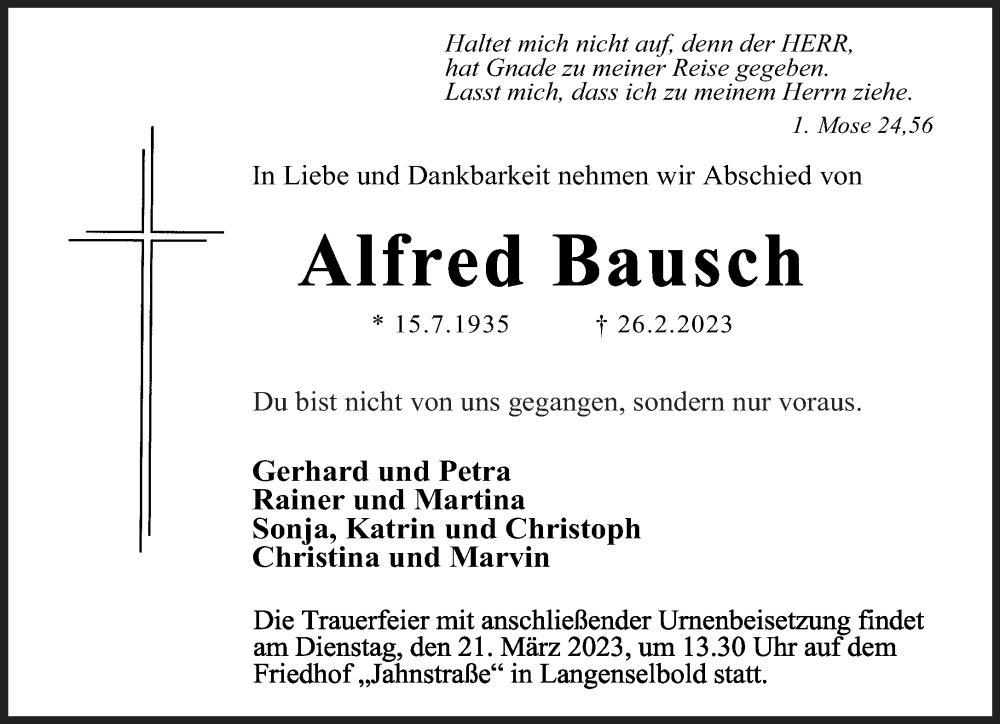  Traueranzeige für Alfred Bausch vom 11.03.2023 aus Gelnhäuser Neue Zeitung