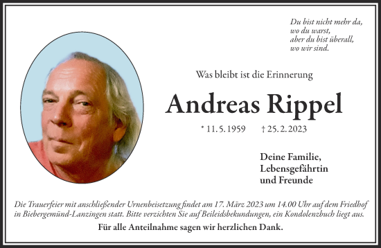 Traueranzeige von Andreas Rippel von Gelnhäuser Neue Zeitung