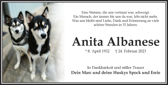 Traueranzeige von Anita Albanese von Gelnhäuser Neue Zeitung