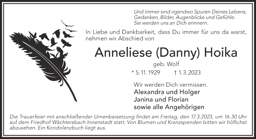  Traueranzeige für Anneliese  Hoika vom 11.03.2023 aus Mittelhessen-Bote