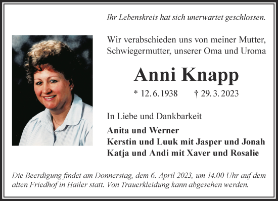 Traueranzeige von Anni Knapp von Gelnhäuser Neue Zeitung