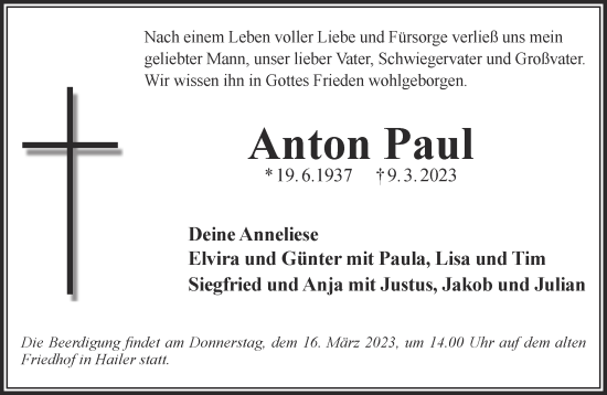 Traueranzeige von Anton Paul von Gelnhäuser Neue Zeitung