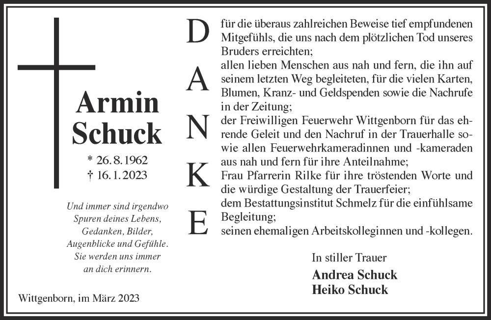  Traueranzeige für Armin Schuck vom 04.03.2023 aus Gelnhäuser Neue Zeitung