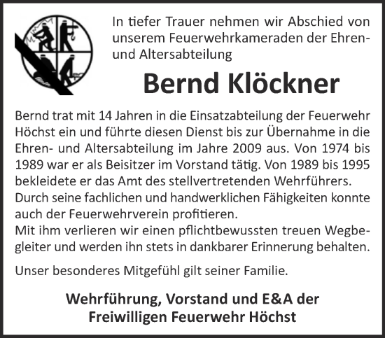 Traueranzeige von Bernd Klöckner von Gelnhäuser Neue Zeitung