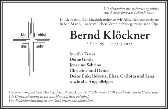 Traueranzeige von Bernd Klöckner von Gelnhäuser Neue Zeitung
