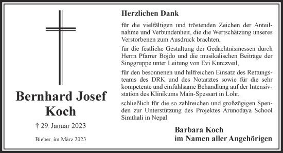 Traueranzeige von Bernhard Josef Koch von Gelnhäuser Neue Zeitung