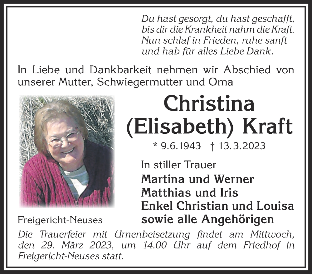  Traueranzeige für Christina Kraft vom 25.03.2023 aus Gelnhäuser Neue Zeitung