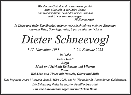 Traueranzeige von Dieter Schneevogl von Gelnhäuser Neue Zeitung