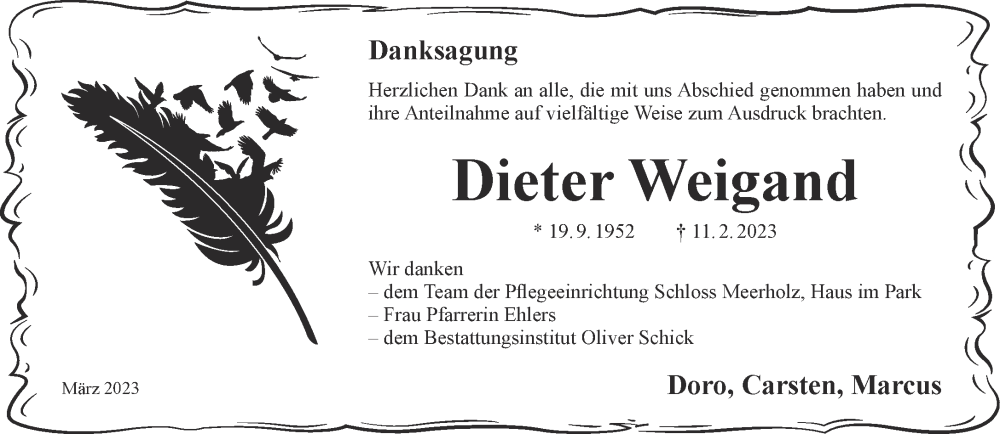  Traueranzeige für Dieter Weigand vom 18.03.2023 aus Gelnhäuser Neue Zeitung
