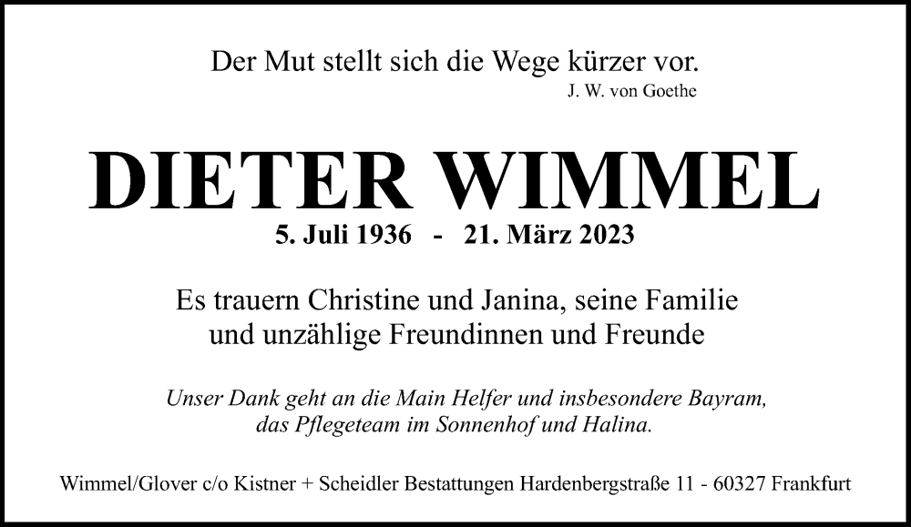  Traueranzeige für Dieter Wimmel  vom 01.04.2023 aus Gelnhäuser Neue Zeitung