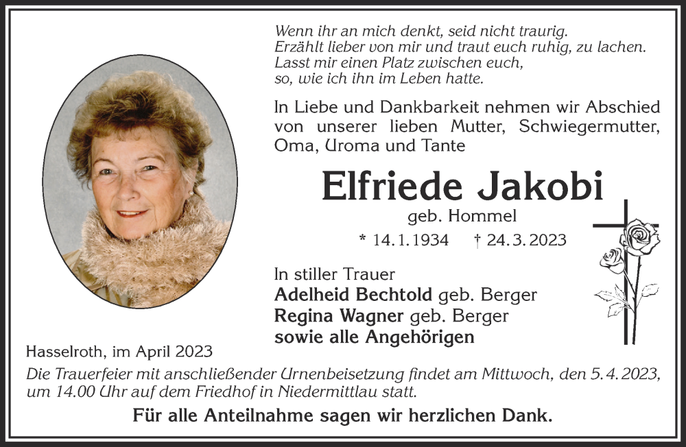  Traueranzeige für Elfriede Jakobi vom 01.04.2023 aus Gelnhäuser Neue Zeitung