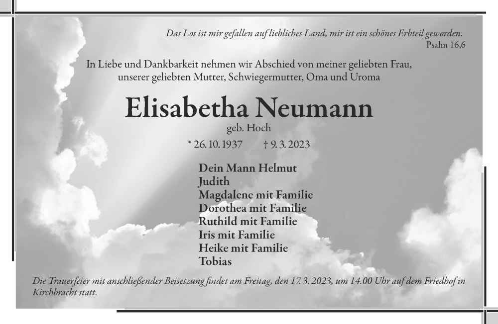  Traueranzeige für Elisabetha Neumann vom 11.03.2023 aus Gelnhäuser Neue Zeitung