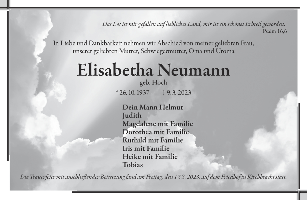  Traueranzeige für Elisabetha Neumann vom 18.03.2023 aus Mittelhessen-Bote