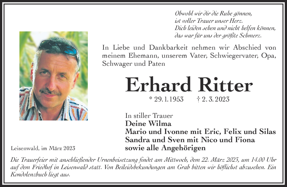  Traueranzeige für Erhard Ritter vom 18.03.2023 aus Mittelhessen-Bote