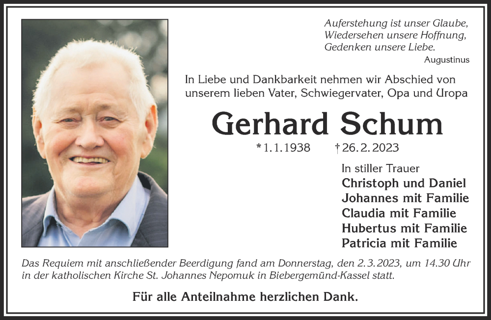  Traueranzeige für Gerhard Schum vom 04.03.2023 aus Mittelhessen-Bote