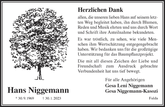 Traueranzeige von Hans Niggemann von Gelnhäuser Neue Zeitung