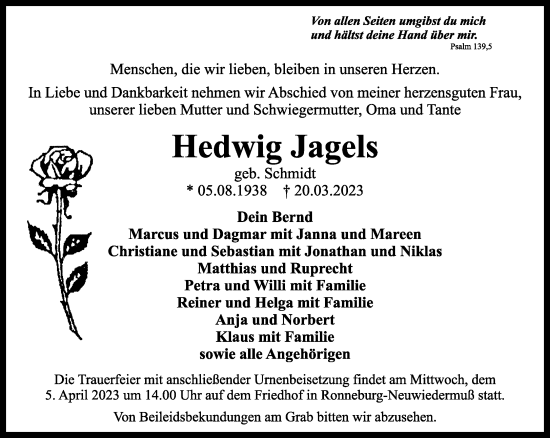 Traueranzeige von Hedwig Jagels von Gelnhäuser Neue Zeitung