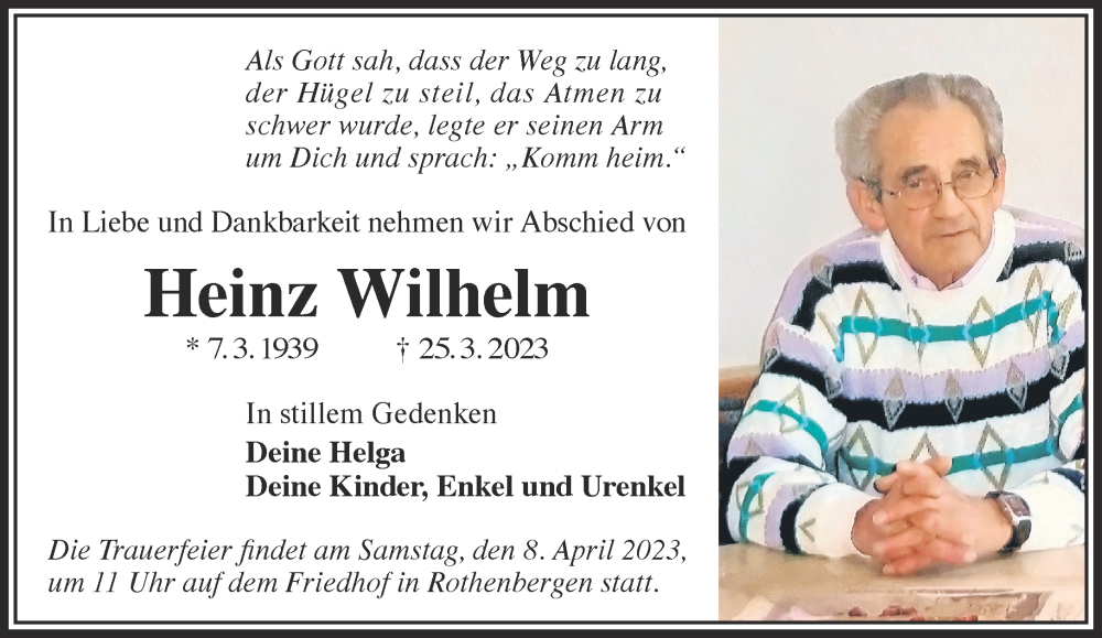  Traueranzeige für Heinz Wilhelm vom 01.04.2023 aus Gelnhäuser Neue Zeitung