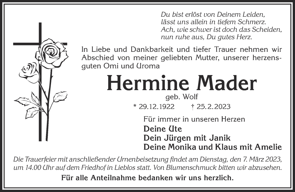  Traueranzeige für Hermine Mader vom 04.03.2023 aus Gelnhäuser Neue Zeitung