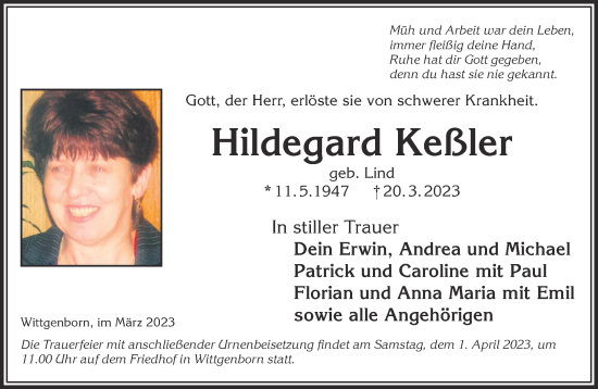 Traueranzeige von Hildegard Keßler von Gelnhäuser Neue Zeitung