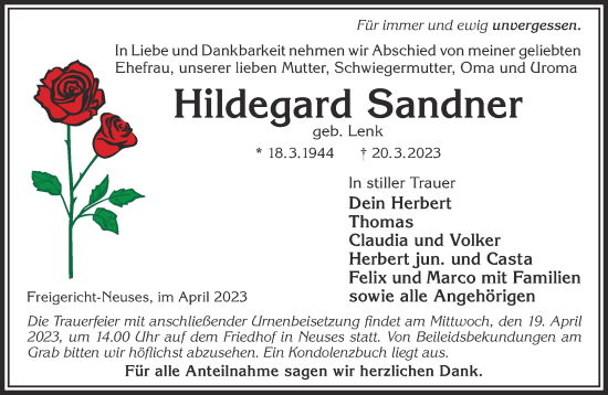 Traueranzeige von Hildegard Sandner von Gelnhäuser Neue Zeitung