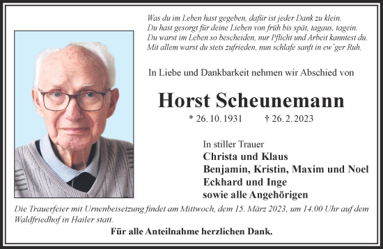 Traueranzeige von Horst Scheunemann von Gelnhäuser Neue Zeitung