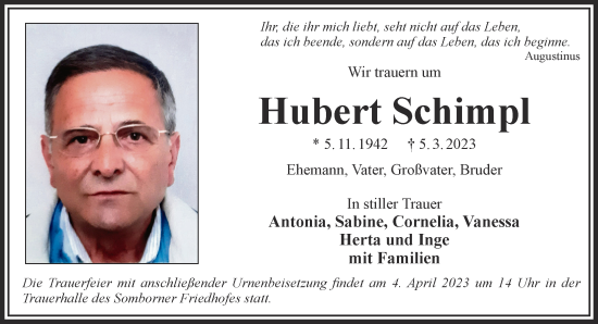 Traueranzeige von Hubert Schimpl von Gelnhäuser Neue Zeitung