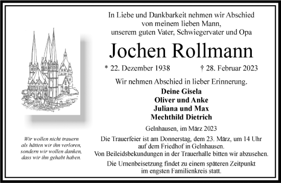 Traueranzeige von Jochen Rollmann von Gelnhäuser Neue Zeitung