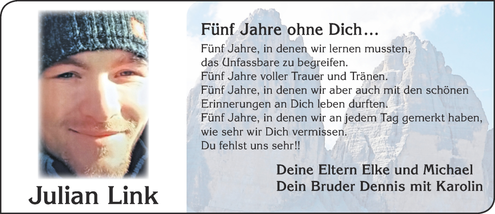  Traueranzeige für Julian Link vom 25.03.2023 aus Mittelhessen-Bote
