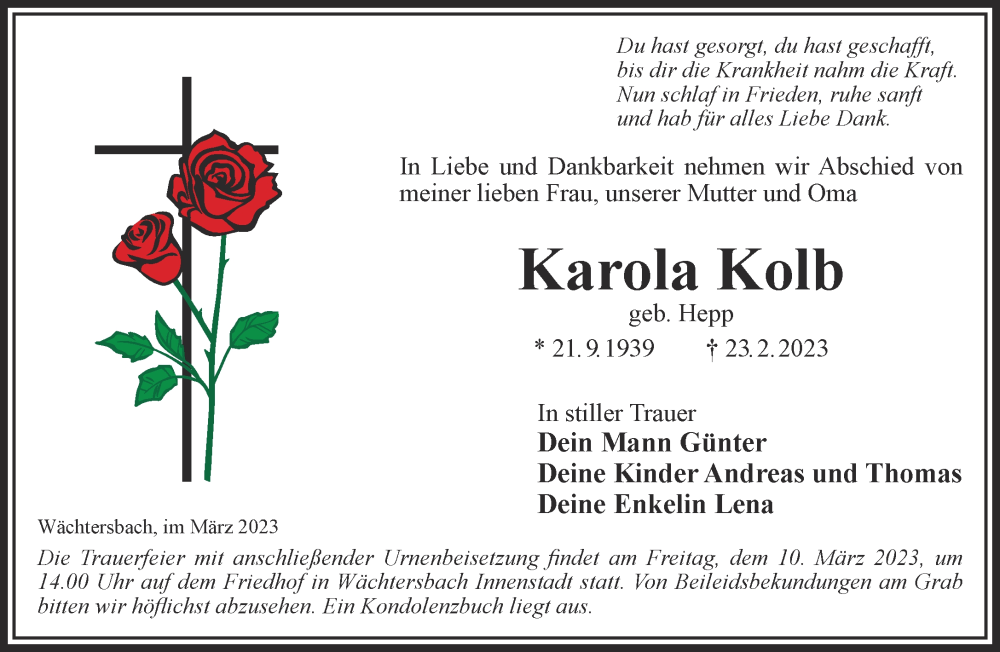  Traueranzeige für Karola Kolb vom 04.03.2023 aus Mittelhessen-Bote