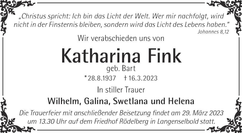  Traueranzeige für Katharina Fink vom 25.03.2023 aus Gelnhäuser Neue Zeitung