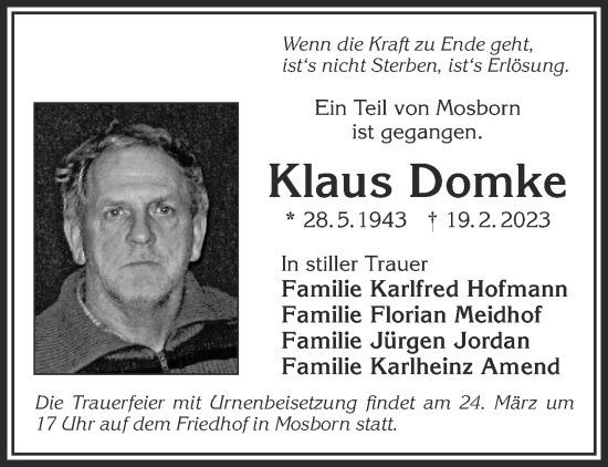Traueranzeige von Klaus Domke von Gelnhäuser Neue Zeitung