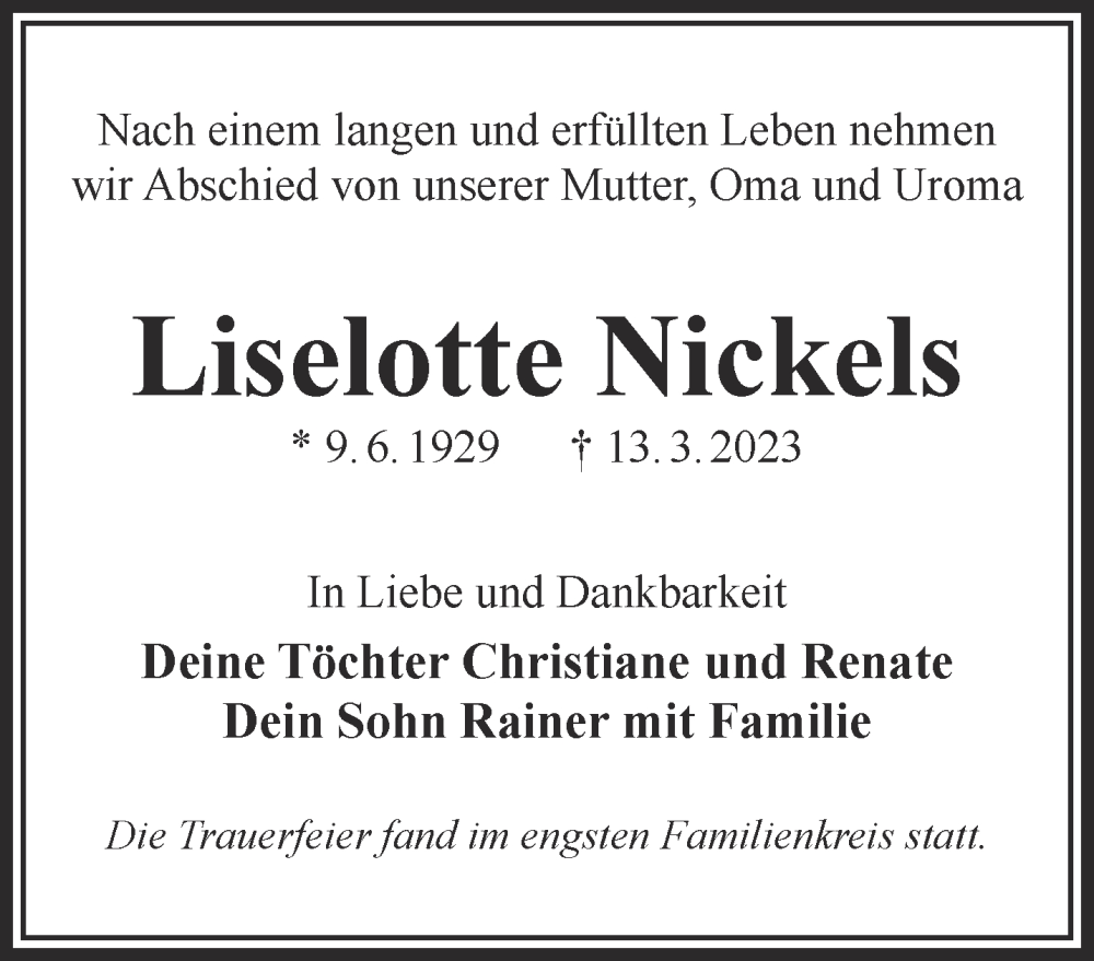  Traueranzeige für Liselotte Nickels vom 01.04.2023 aus Gelnhäuser Neue Zeitung