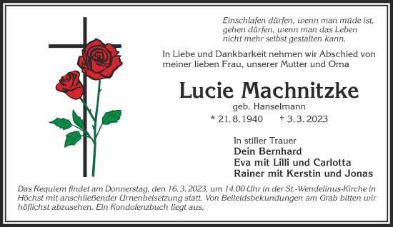 Traueranzeige von Lucie Machnitzke von Gelnhäuser Neue Zeitung