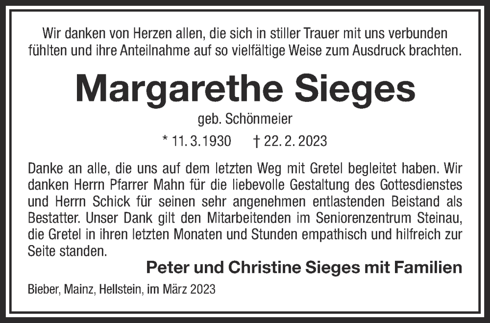  Traueranzeige für Margarethe Sieges vom 18.03.2023 aus Gelnhäuser Neue Zeitung