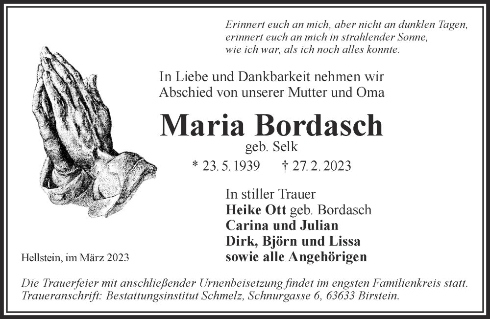  Traueranzeige für Maria Bordasch vom 11.03.2023 aus Gelnhäuser Neue Zeitung