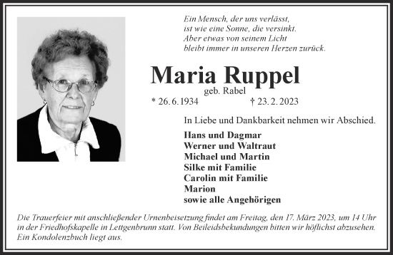Traueranzeige von Maria Ruppel von Gelnhäuser Neue Zeitung