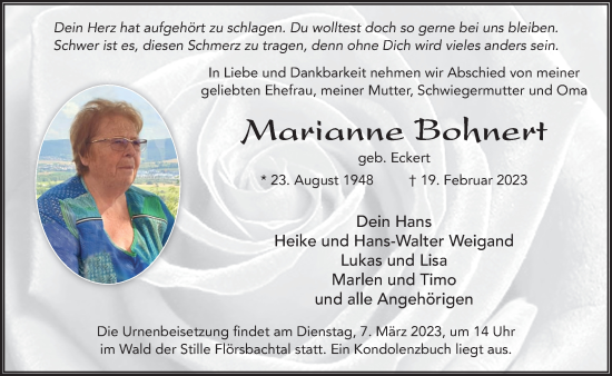 Traueranzeige von Marianne Bohnert von Gelnhäuser Neue Zeitung