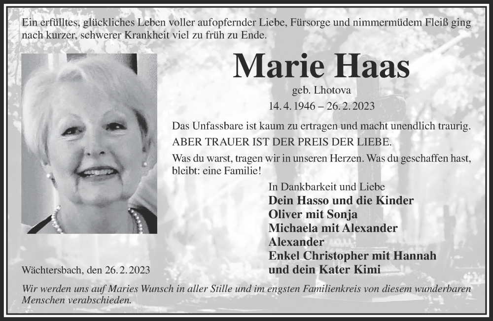  Traueranzeige für Marie Haas vom 11.03.2023 aus Mittelhessen-Bote