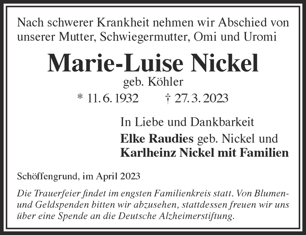  Traueranzeige für Marie-Luise Nickel vom 01.04.2023 aus Gelnhäuser Neue Zeitung