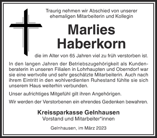 Traueranzeige von Marlies Haberkorn von Gelnhäuser Neue Zeitung