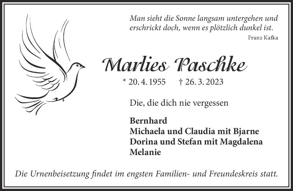  Traueranzeige für Marlies Paschke vom 01.04.2023 aus Gelnhäuser Neue Zeitung