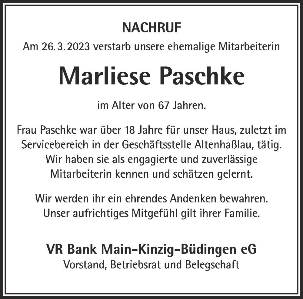  Traueranzeige für Marliese Paschke vom 01.04.2023 aus Gelnhäuser Neue Zeitung