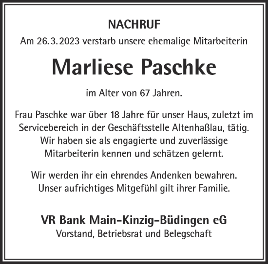 Traueranzeige von Marliese Paschke von Gelnhäuser Neue Zeitung