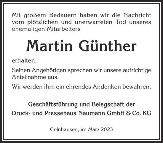 Traueranzeige von Martin Günther von Mittelhessen-Bote