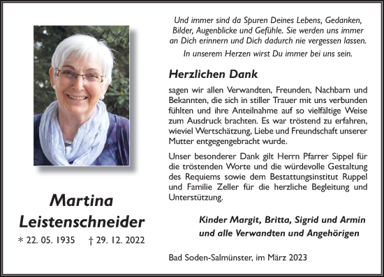 Traueranzeige von Martina Leistenschneider von Gelnhäuser Neue Zeitung