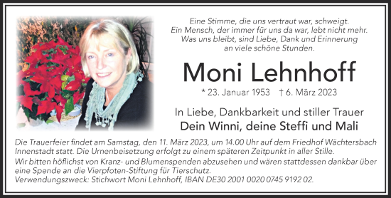 Traueranzeige von Moni Lehnhoff von Gelnhäuser Neue Zeitung