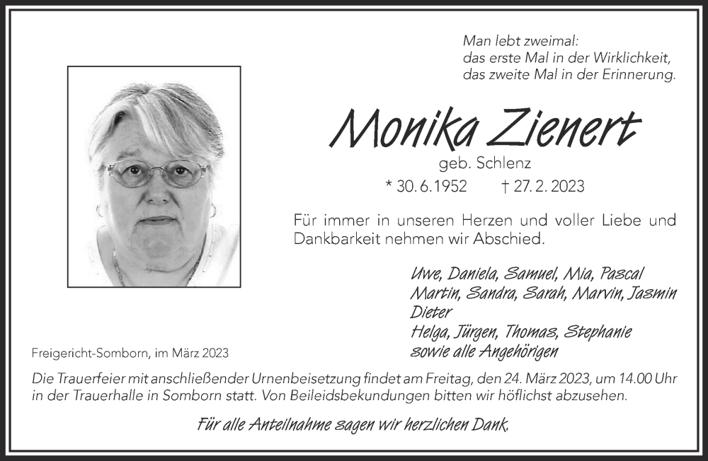  Traueranzeige für Monika Zienert vom 18.03.2023 aus Gelnhäuser Neue Zeitung