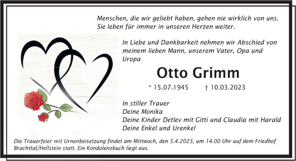  Traueranzeige für Otto Grimm vom 01.04.2023 aus Gelnhäuser Neue Zeitung