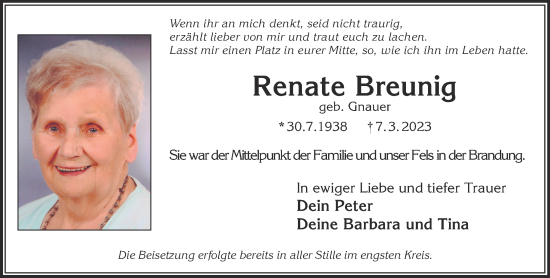 Traueranzeige von Renate Breunig von Gelnhäuser Neue Zeitung